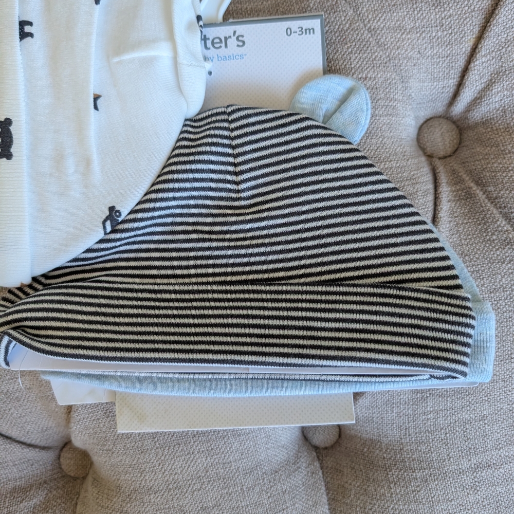 Carter's Baby Hat Set of 3, white, bears, black and blue theme - Picture 5 of 5